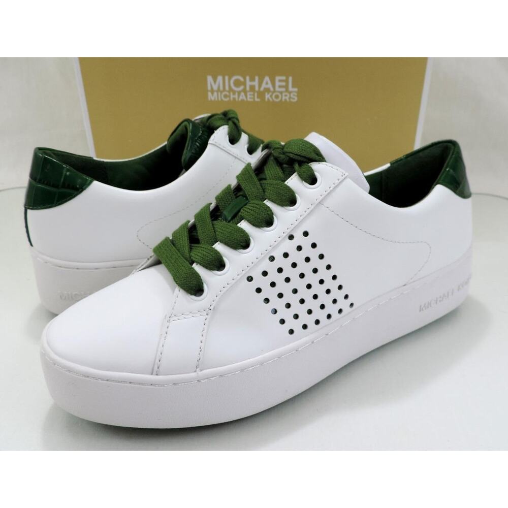 Michael Kors Poppy Lace Up Platform Sneaker Leather Optic White / Green - Picture 2 of 8